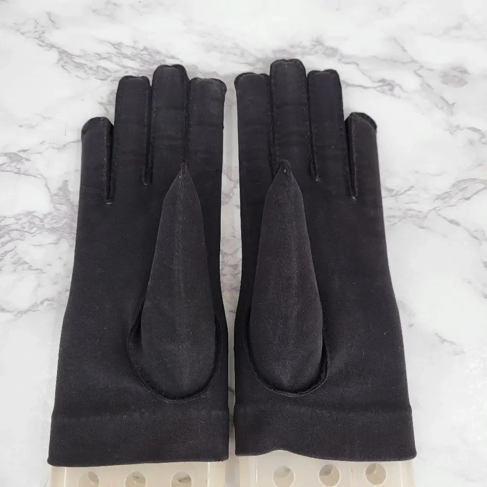 1950s Hand Made Hand Stitched Elegant Black Gloves with Subtle Dot Pattern